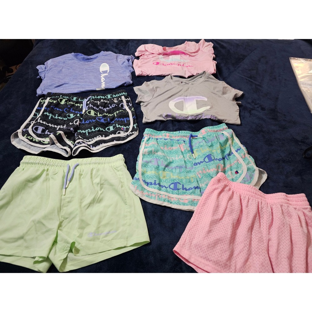 Girls Champion Puma Activewear Lot 7pc Shorts Shirts Romper Size 12-16 XL L